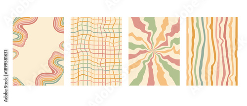 Groove vintage rainbow grid, lines, sun rays graphic backgrounds set. Wavy swirl starburst and strips vintage colors covers collection. Vector retro beige wiggle decoration ornament. Vertical covers.