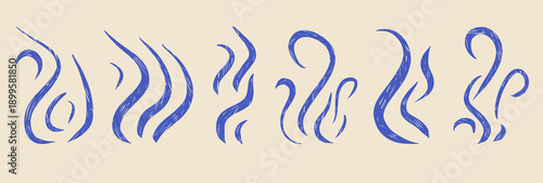Crayon wind, smoke icon set. Hand-drawn steam waves and aroma line, perfect for coffee, cooking, hot food illustration. Collection of fume, flame or cloud air silhouette isolated. Vector illustration.