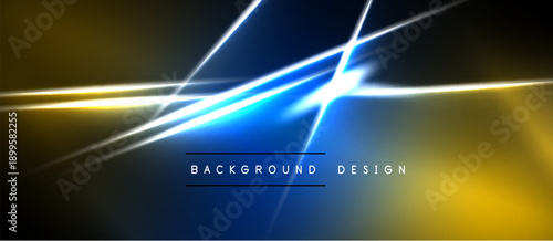 Abstract design features vibrant blue, gold lines against dark backdrop. Dynamic streaks create modern visual impact. Simple text reads background design.