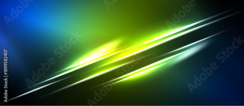 Abstract background features bright lines, vibrant green, blue hues. Dynamic composition creates energy, modern aesthetic.