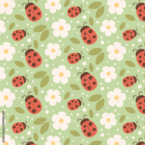 Cute Ladybug Seamless Pattern, swatch available in swatches panel, kawaii red ladybugs with white flowers and leaves, soft spring nature design for kids fabric and nursery