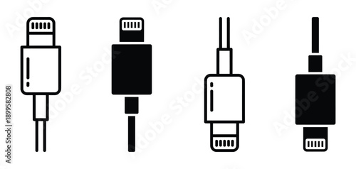 Usb connectors. Ethernet cable connectors with transparent background. Cable connection icons set showing data cords USB connectors and wall socket technology vector illustration outline design. 