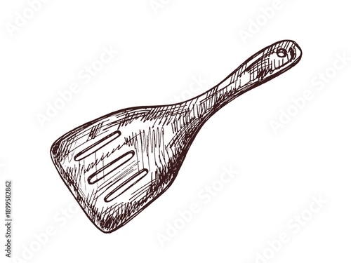Hand drawn vintage sketch of wooden slotted spatula with hole in handle in brown ink line style, isolated vector illustration