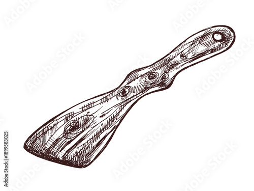 Hand drawn vintage sketch of wooden flat spatula with visible wood texture and handle hole in brown ink
