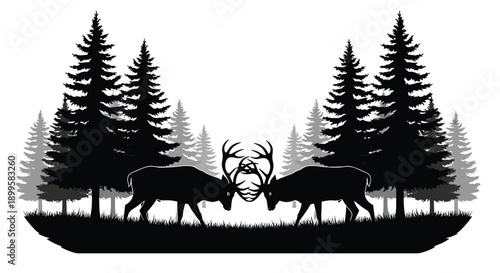 Black vector silhouette of two deer fighting with antlers in a forest for concepts of wildlife nature g