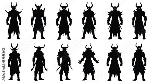 Black Silhouette Vector Set of Twelve Demonic Horned Warriors and Dark Fantasy Knight Characters 