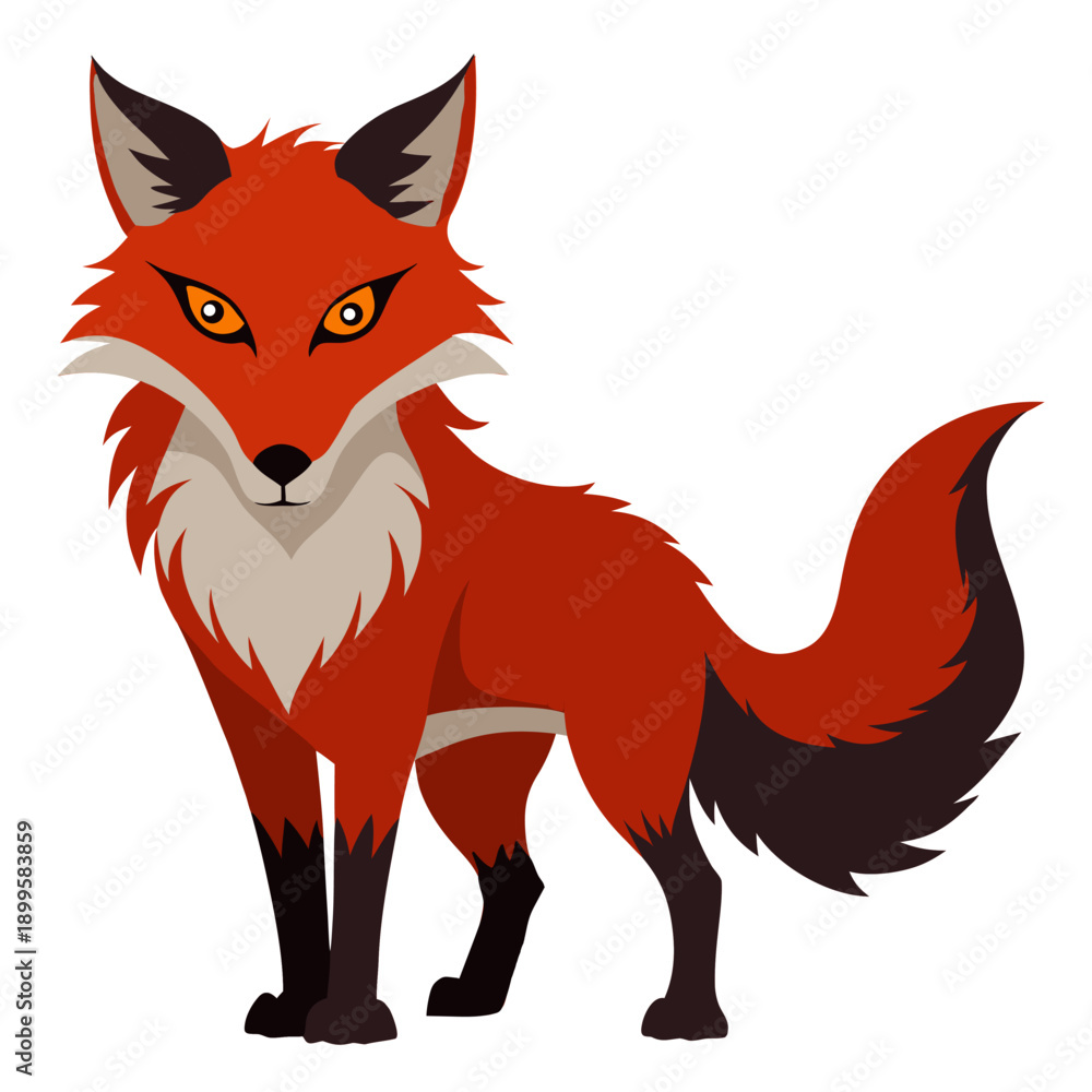 Obraz premium Angry fox character. Wild Fox. Cartoon colorful fox with an angry expression and standing, front view. Suitable for sticker, mascot, logo, icon, label. Isolated vector illustration on white background