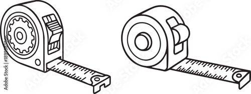 Line art sketches of tape measure, measuring tool for construction and DIY, and measurement device