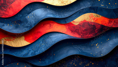 赤と青の波に金の斑点と豊かなテクスチャ