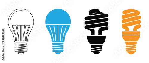 Light bulb icon. Lightning in light bulb icon.  Energy saving spiral light bulb icon symbolizing bright idea innovation and eco friendly electricity consumption for environmental sustainability. 