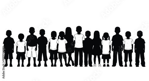 Diverse Group of Fourteen Children Silhouettes and Outlines Standing in a Row for School Education 