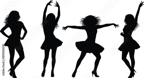 Black Vector Silhouettes of Four Young Women Dancing in Short Skirts and High Heels for Party Night 