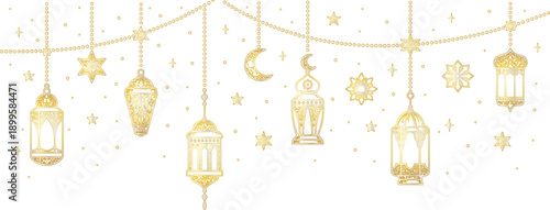 Ramadan kareem golden decorations with lanterns, stars, and moon vector illustration on transparent background