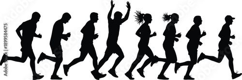 Black Vector Silhouette Group of Diverse Male and Female Athletes Running a Marathon Race for Fitness 