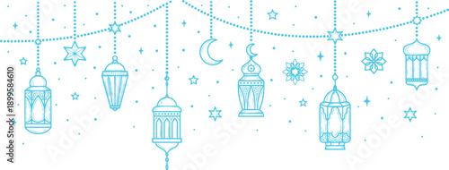 Ramadan kareem blue line art decorations with lanterns, stars, and moon vector on transparent background