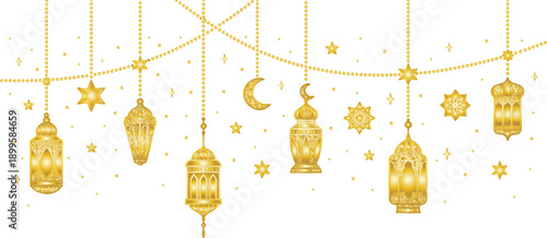 Ramadan kareem golden detailed decorations with lanterns, stars, and moon vector illustration on transparent background