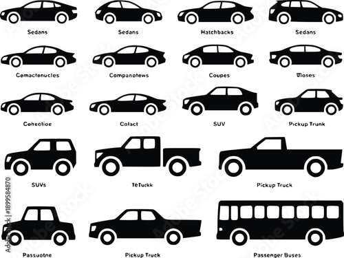 Various types of vehicles illustrated in black and white silhouettes
