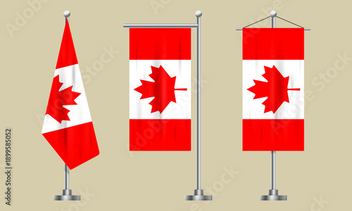Canada table flag set. Canadian Maple Leaf desk banners on metallic stands for patriotic promotional materials, governmental presentations. Vector illustration, EPS10