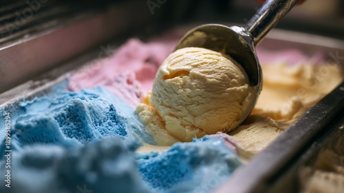 Scooping colorful gelato and ice cream flavors in a dessert parlor