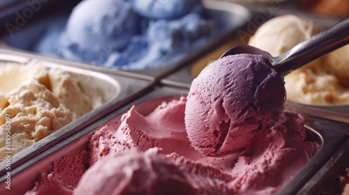 Colorful gelato and ice cream scoops in dessert counter