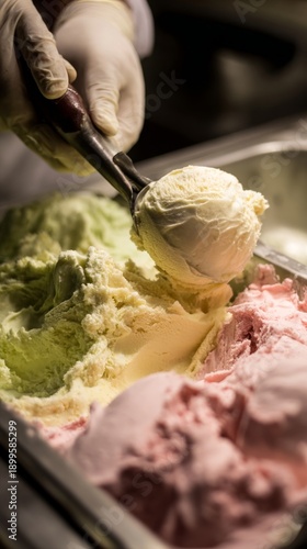 Gloved hand scooping assorted gelato flavors in dessert shop display