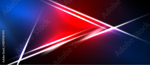 Abstract design features vibrant blue, red hues. Bright lines intersect creating dynamic visual effect. Dark background emphasizes luminosity.