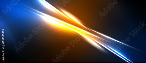 Bright energy streaks intersect. Vivid blue contrasts warm orange, creating dynamic visual effect. Dark background emphasizes luminosity.