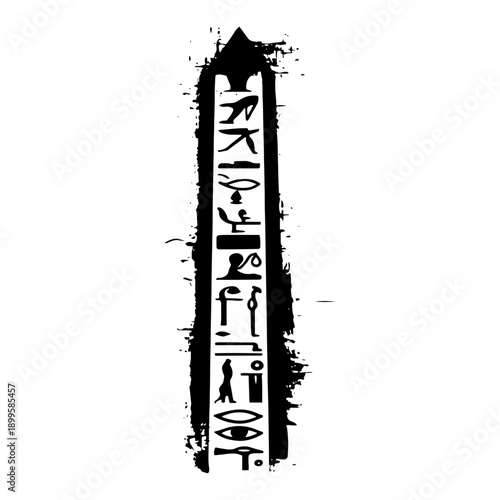 Egyptian obelisk pillar with hieroglyphs in black grunge vector art style