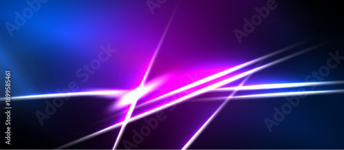 Abstract background features bright lines, vibrant blue, purple hues. Dynamic energy radiates from central light source. Modern design.