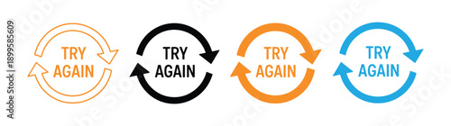 Try again text vector signs set. Persistence and determination concept designs. Try again concept with colorful arrow. Try again text vector signs set. Persistence and determination concept designs.
