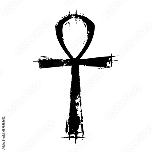 Black and white grunge vector illustration of ancient egyptian ankh symbol representing life