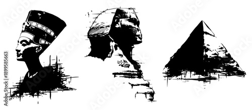 Set of ancient egyptian symbols featuring nefertiti sphinx and pyramid in distressed grunge style