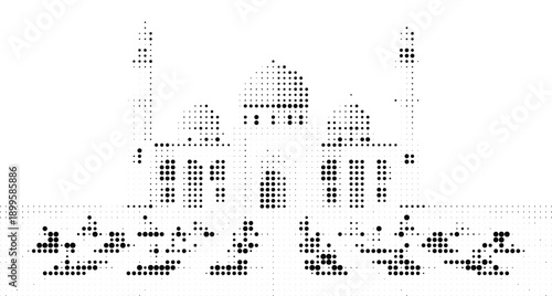 Taj Mahal silhouette with black dots and calligraphy, Artistic Indian landmark dot design