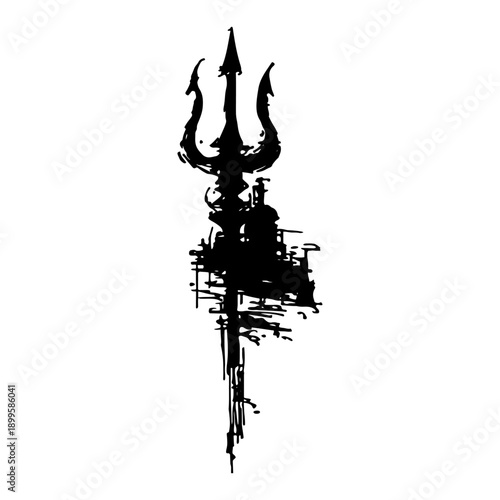 Distressed black ink illustration of a mythological poseidon trident weapon