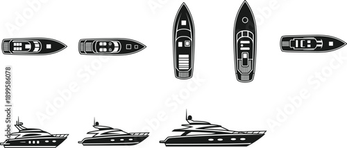 Yacht illustration set with top view deck layouts and side profile designs, maritime vector graphics for nautical design and education