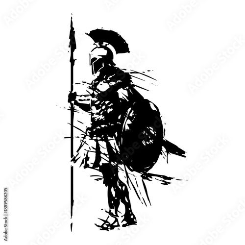 Silhouette of ancient spartan warrior with spear and shield