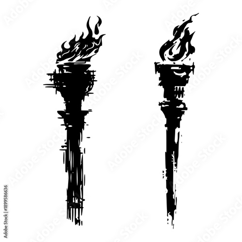 Pair of burning wooden torches with fire flames in grunge style
