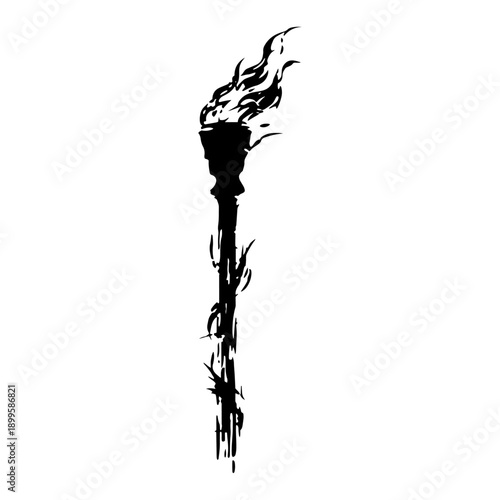 Flaming ancient torch illustration with black grunge ink texture