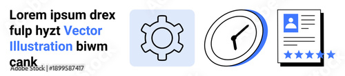 Gear icon for process, clock for time management, and a document with ratings for reviews and achievements. Ideal for workflow, efficiency, evaluation, planning, HR, teamwork simple landing page