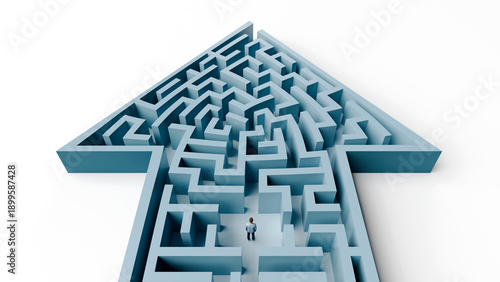 Man navigating a complex arrow maze representing strategic growth and finding the right path to business success, 3d render