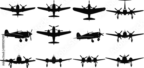 Vintage military aircraft silhouette collection featuring World War II propeller planes in multiple angles, showcasing aviation history, fighter plane design, and warplane recognition