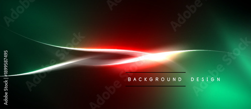 Abstract neon lines create dynamic flow. Red, green hues blend with dark background. Modern design element for digital projects.