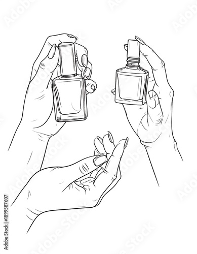 A line drawing of hands holding nail polish bottles and applying polish