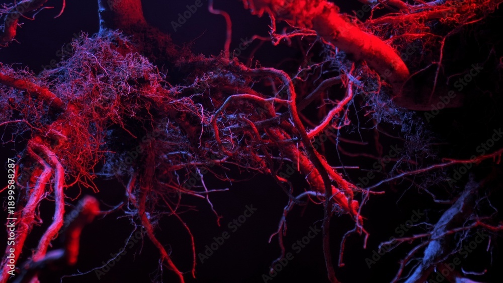 Obraz premium Macro shot of complex plant roots illuminated with red and blue lighting creating a surreal effect.