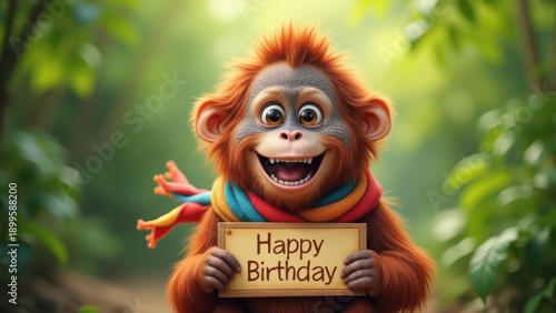 Orangutan wearing colorful scarf holding happy birthday sign smiling at camera, cute ape celebration portrait in jungle forest setting, concept of birthday greetings, zoo events, holiday