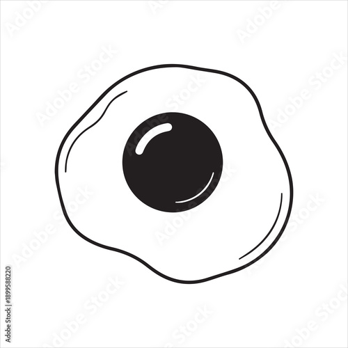  Black and white vector illustration of a simple fried egg with a dark yolk, isolated on white background, food concept.