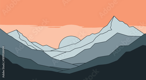 Minimalist flat vector illustration depicts a serene sunrise or sunset glowing over jagged mountain ranges with layered blue and grey peaks.
