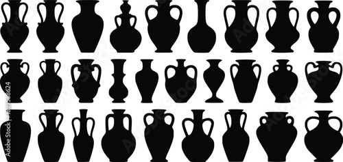 Collection of various ancient vase silhouettes in black and white