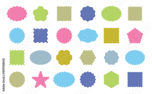 Set of colorful zigzag edges. Silhouette stickers circle, square, oval and rectangle labels. Scallop edge kids geometric stamps. Vector illustration.