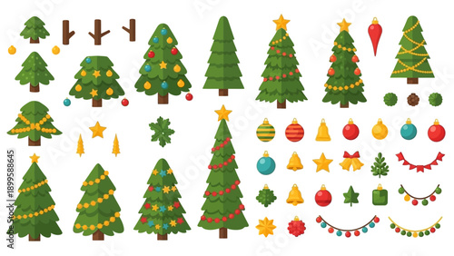 Collection of festive Christmas trees and decorations in various styles and designs